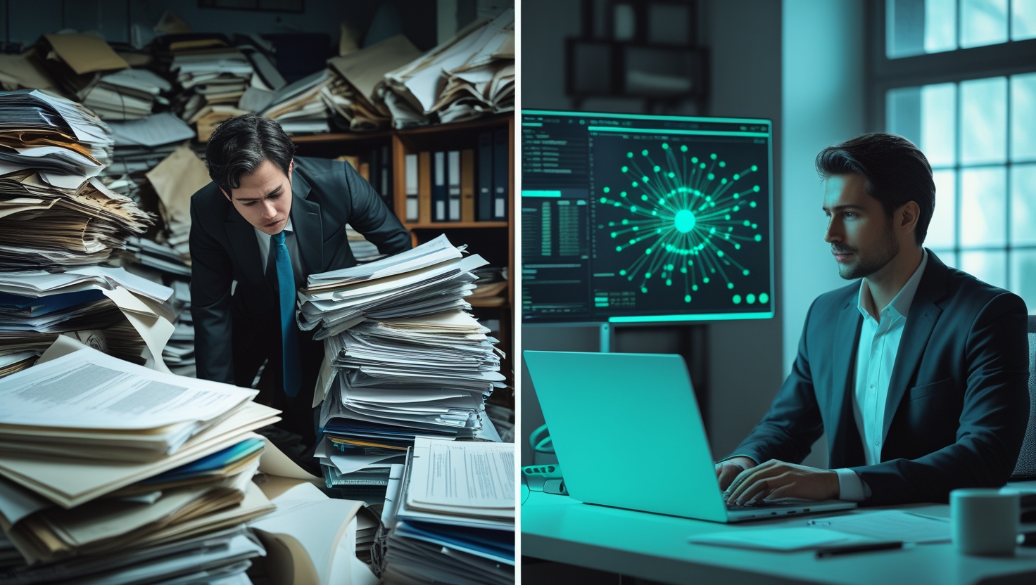 A split image showing a lawyer overwhelmed with paper vs. a lawyer calmly working on a laptop with AI insights on screen