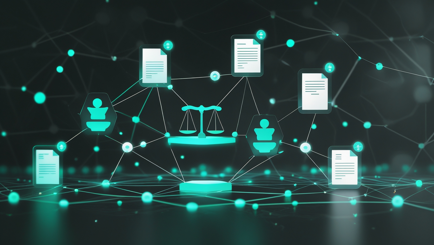 A futuristic graphic showing interconnected legal processes powered by AI