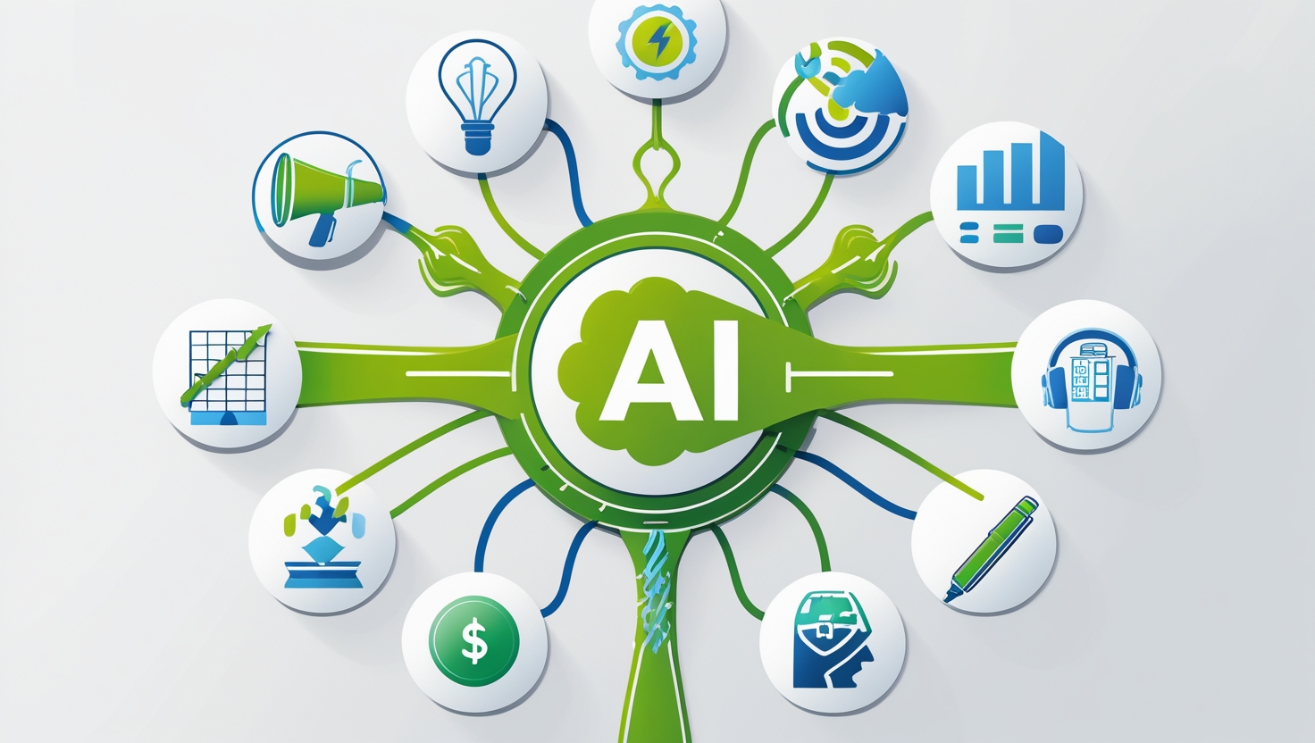 Icons representing different business functions (marketing, sales, support, content, etc.) with AI symbols flowing into them