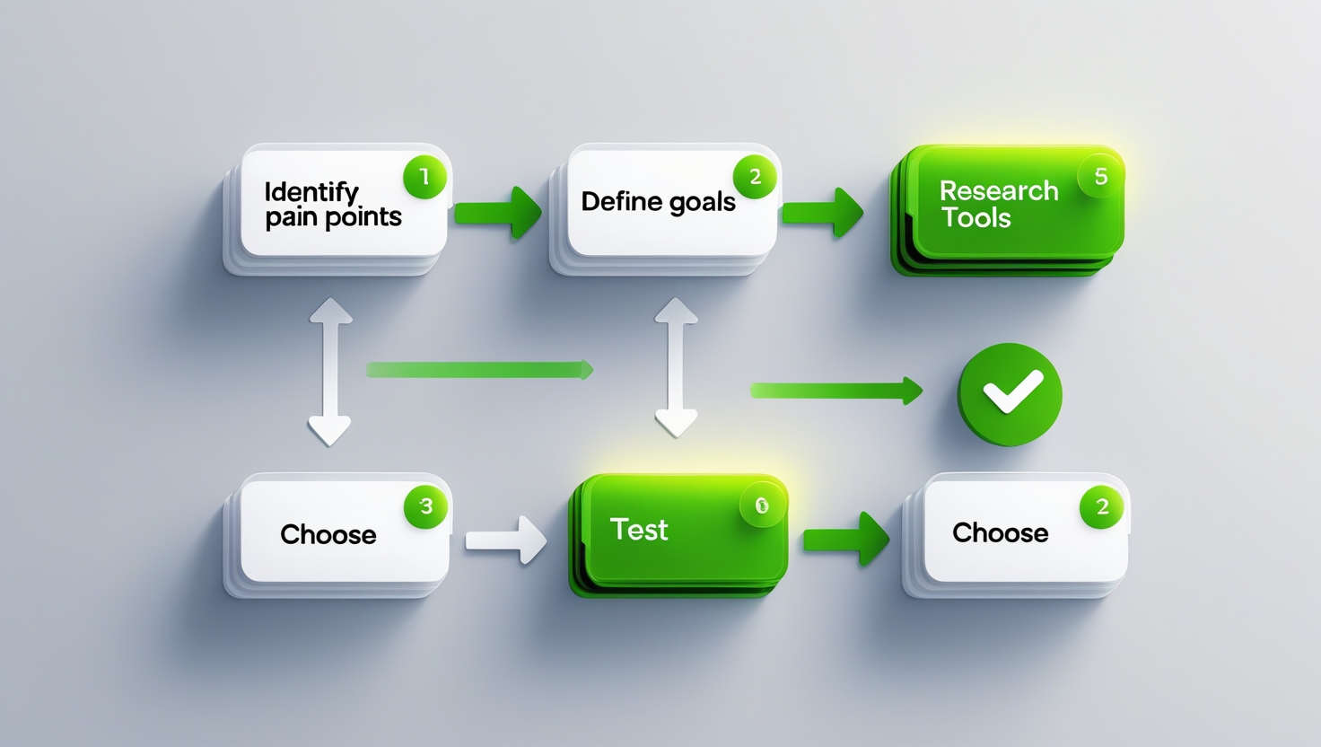 A flowchart illustrating the steps for choosing AI software: Identify Pain Points -> Define Goals -> Research Tools -> Test -> Choose.